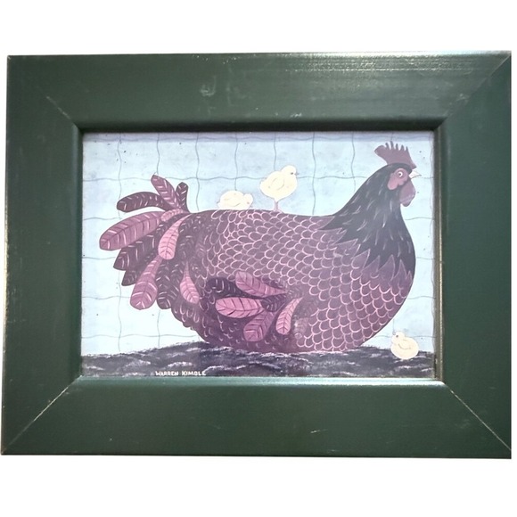 Vintage Warren Kimble Framed Print Pig Mama Chicken Chicks Folk Art Green - Picture 4 of 10